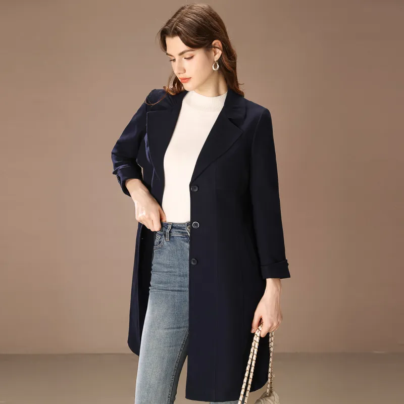 FENHONGMALI Trench Coat Women's Navy Blue-2