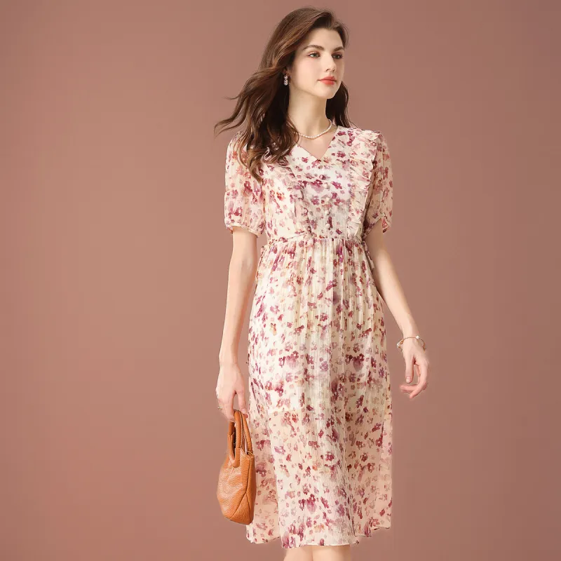FENHONGMALI Short Sleeved Dress Women's Purple Flower-1
