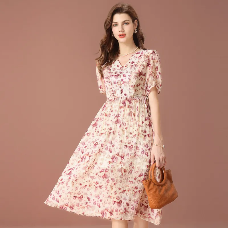 FENHONGMALI Short Sleeved Dress Women's Purple Flower-2