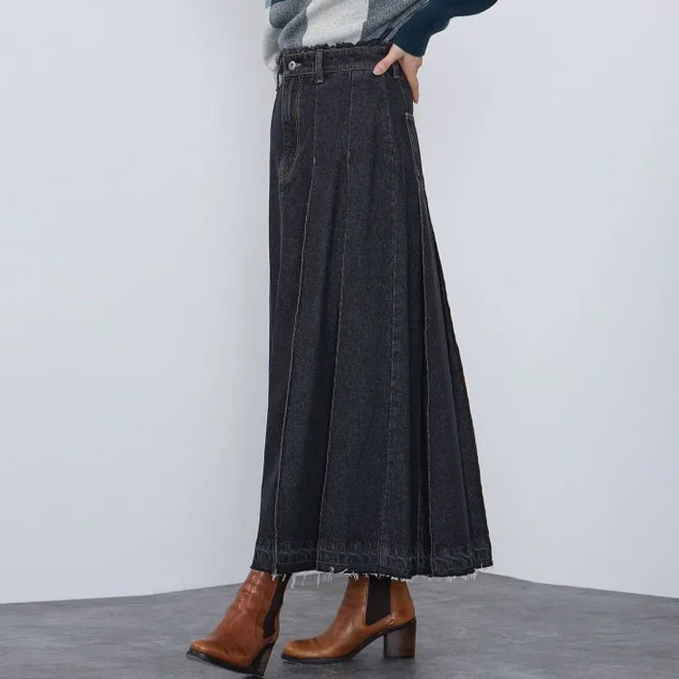 Beams Denim Long Skirt Women's Black-3