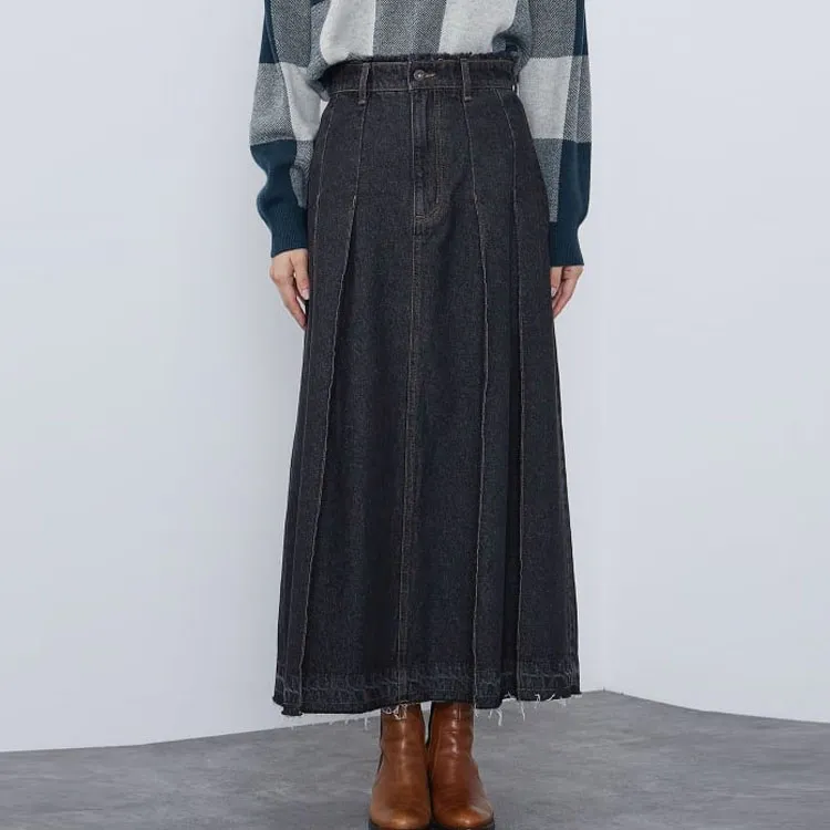 Beams Denim Long Skirt Women's Black-1