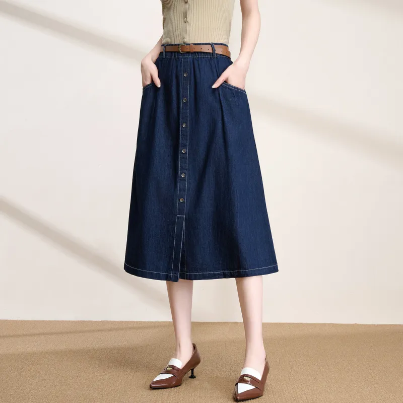 FENHONGMALI Denim Long Skirt Women's Denim Blue-3