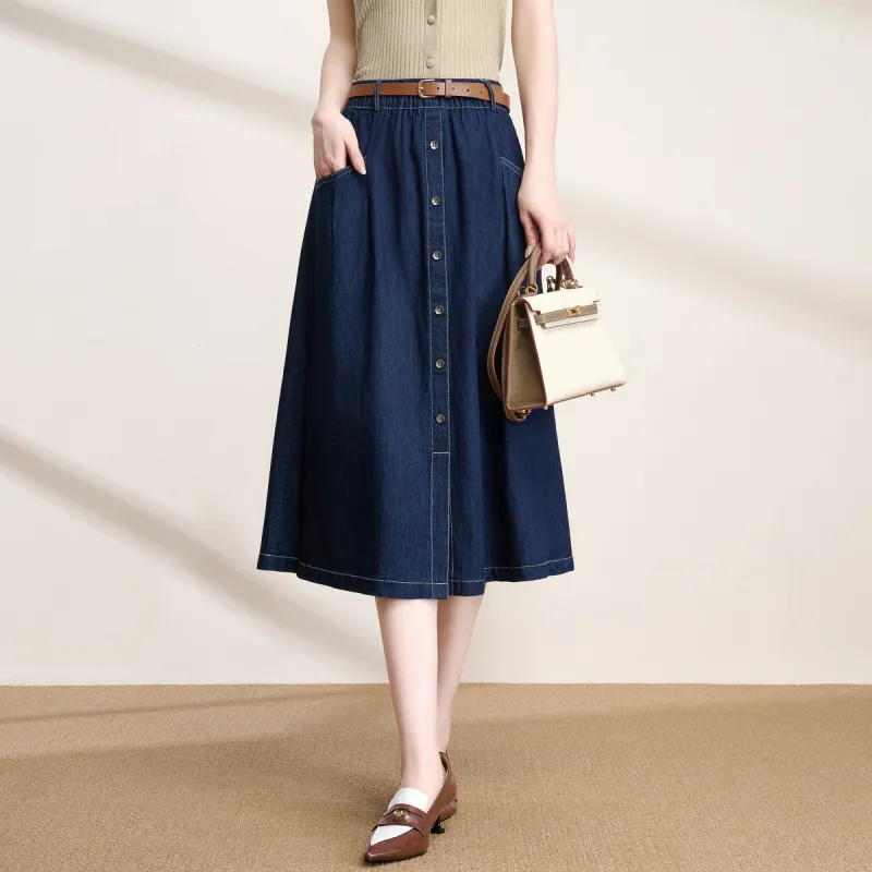 FENHONGMALI Denim Long Skirt Women's Denim Blue-2