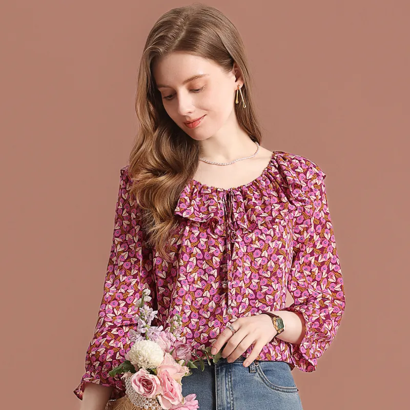 FENHONGMALI Shirt Women's Red Flower-3
