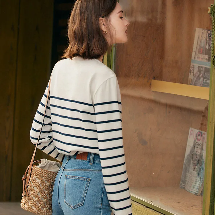 Famanxuan T Shirt Women's Navy Blue Stripes-2