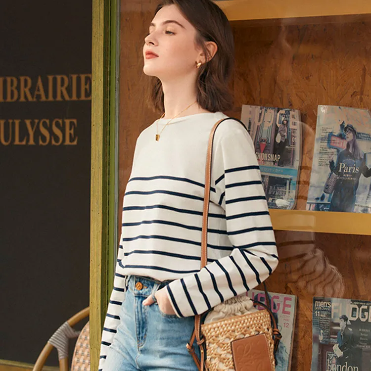 Famanxuan T Shirt Women's Navy Blue Stripes-3