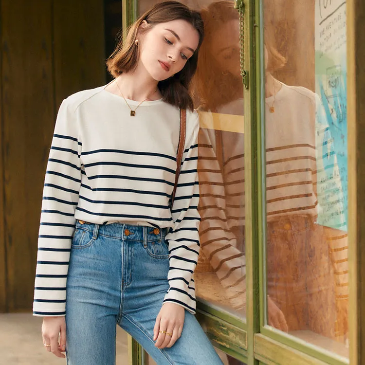 Famanxuan T Shirt Women's Navy Blue Stripes-1