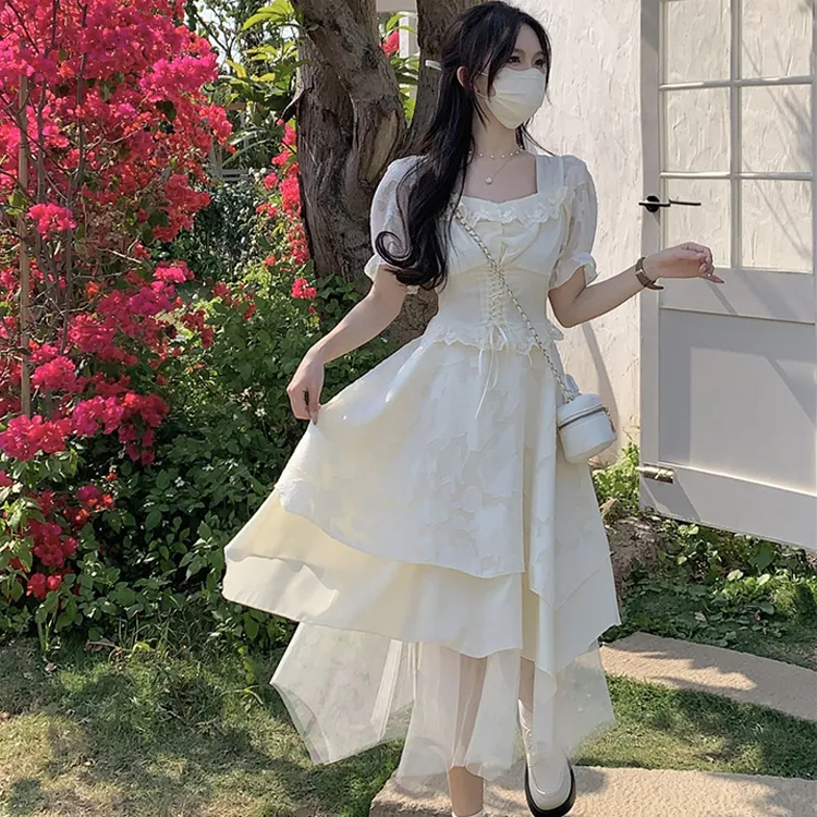 Vine Color Short Sleeved Dress Women's Apricot-2