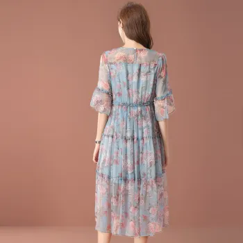 FENHONGMALI Short Sleeved Dresses Women's Blue With Floral