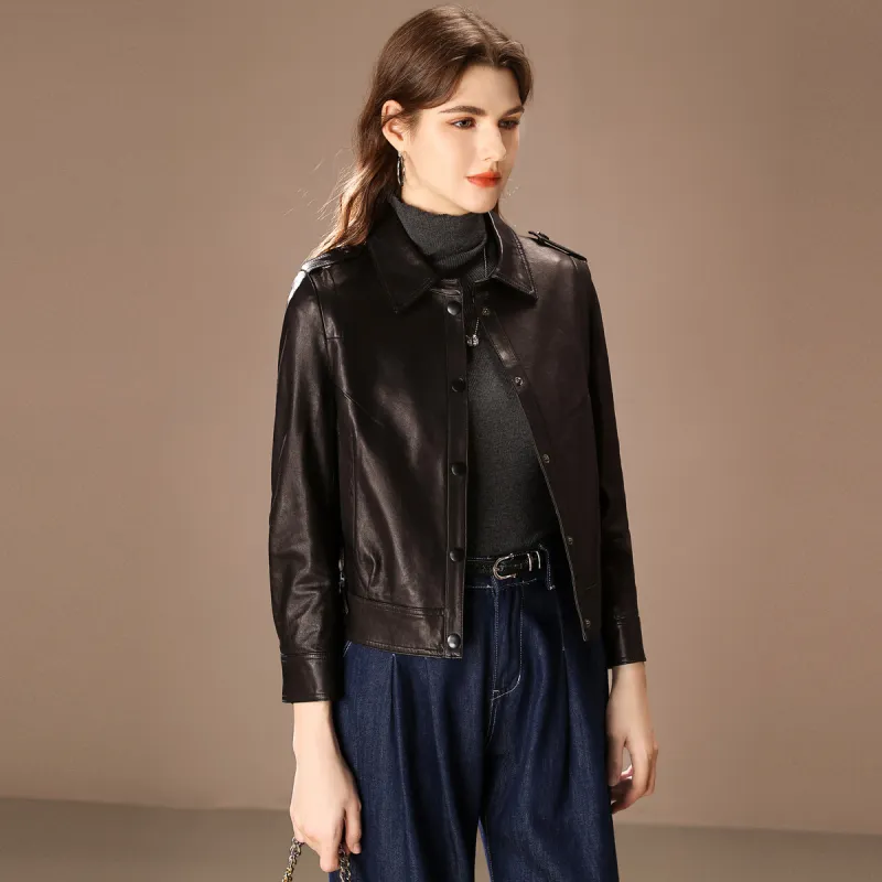FENHONGMALI Leather Jacket Women's Black-3