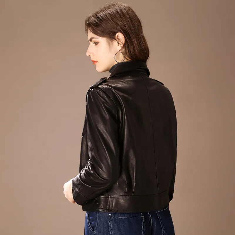 FENHONGMALI Leather Jacket Women's Black-2