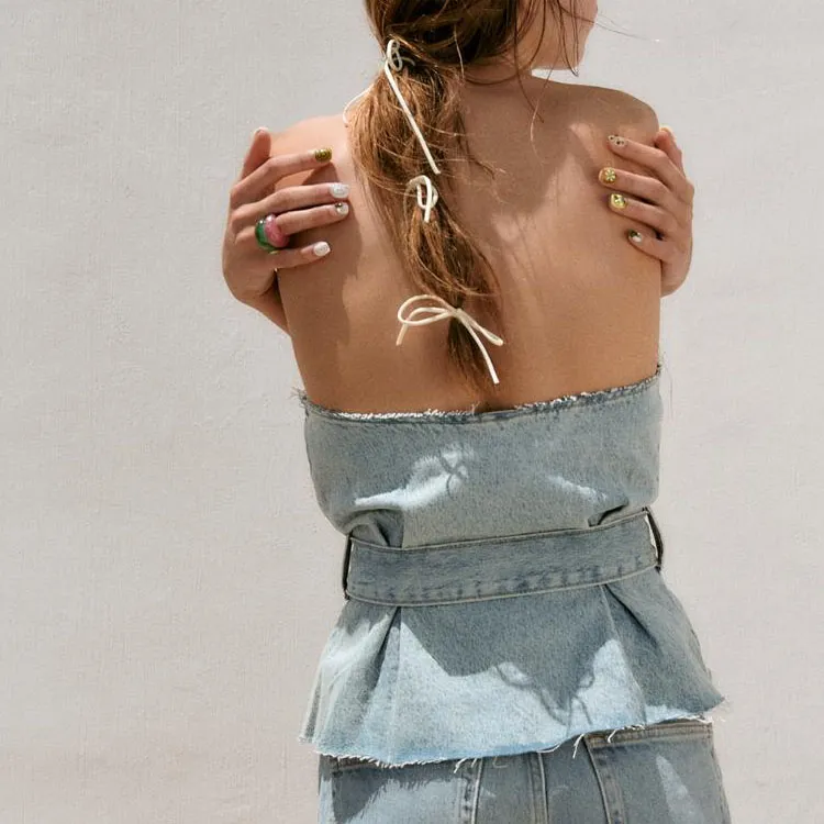 ZARA Strapless Top Women's Blue-3