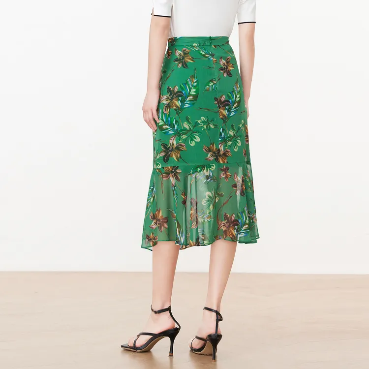 JZ. ANNAKRO Casual Long Skirt Women's Emerald Green Flower-1