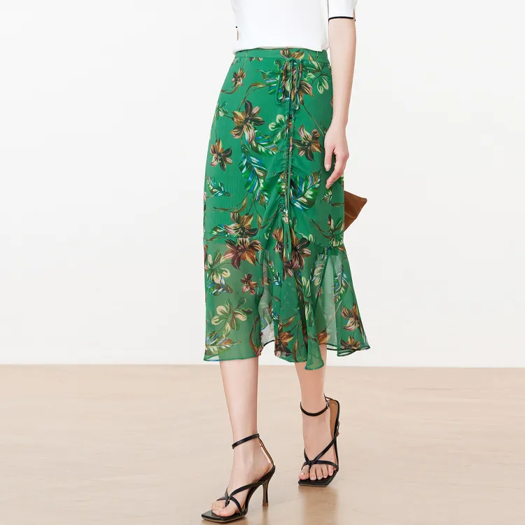 JZ. ANNAKRO Casual Long Skirt Women's Emerald Green Flower-2
