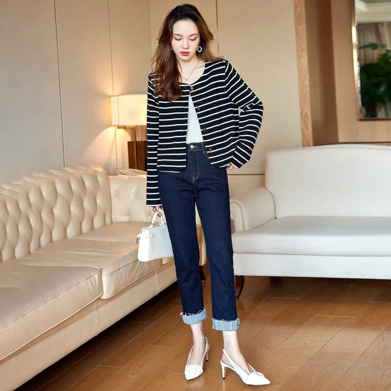 Mt Knitwear Women's Black White Stripes-1