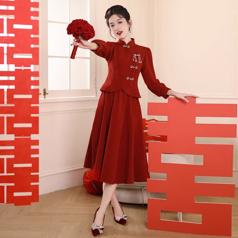 Red Colored Clothes Cheongsam Women's Burgundy-1