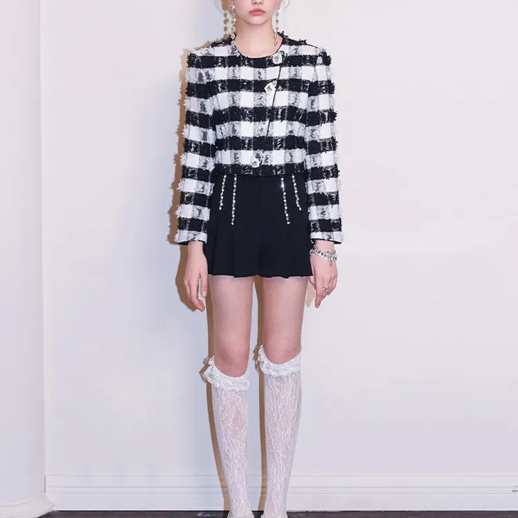 DIANA VEVINA Jackets Coats Women's Black White Plaid-1