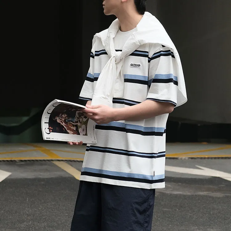 OUTDOOR PRODUCTS T Shirts Unisex White Blue Multicolor Stripes-3