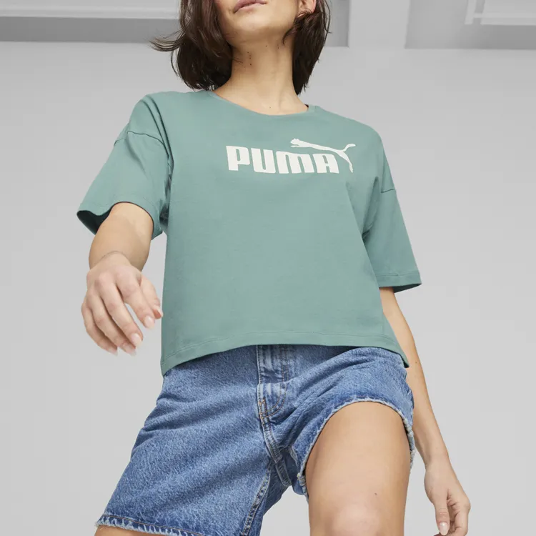 PUMA Essentials Cropped Logo Tee T-Shirt Women's Green-2
