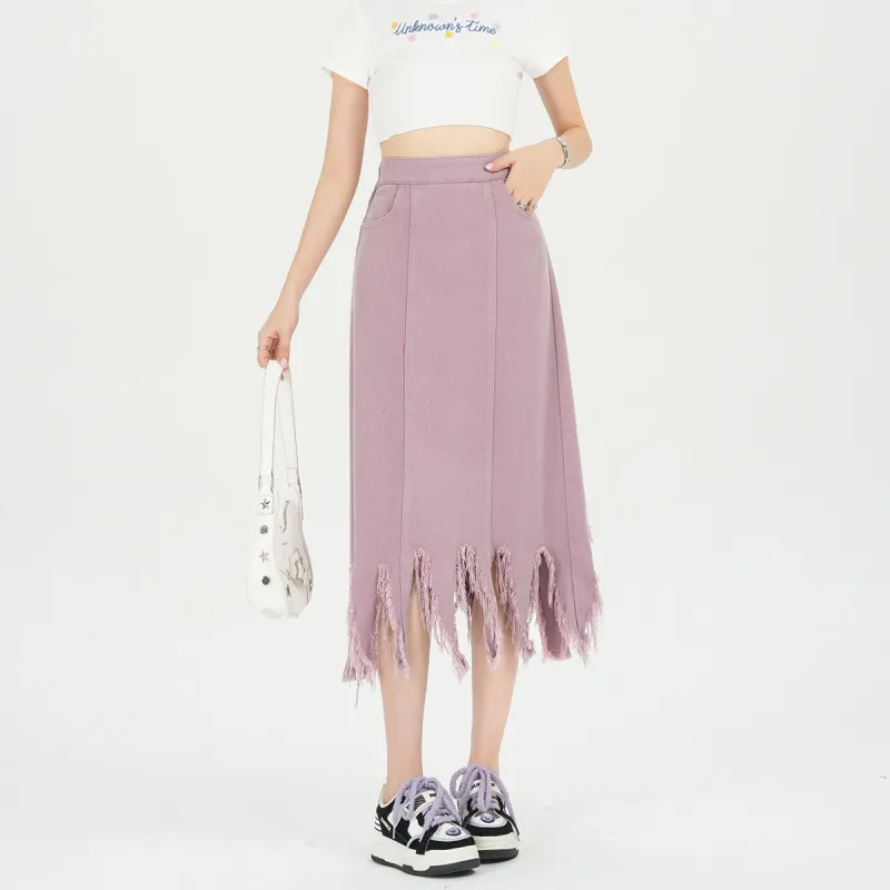 Weixi Denim Long Skirts Women's Pink-7
