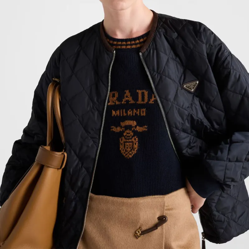 PRADA Logo Intarsia Striped Trim Crewneck Jumper-3