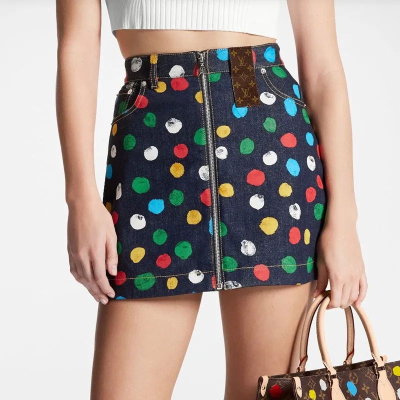 LOUIS VUITTON X Yayoi Kusama Painted Dots Denim Mini Skirt Indigo/Blue-4