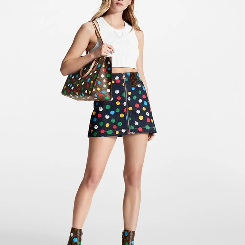 LOUIS VUITTON X Yayoi Kusama Painted Dots Denim Mini Skirt Indigo/Blue-3