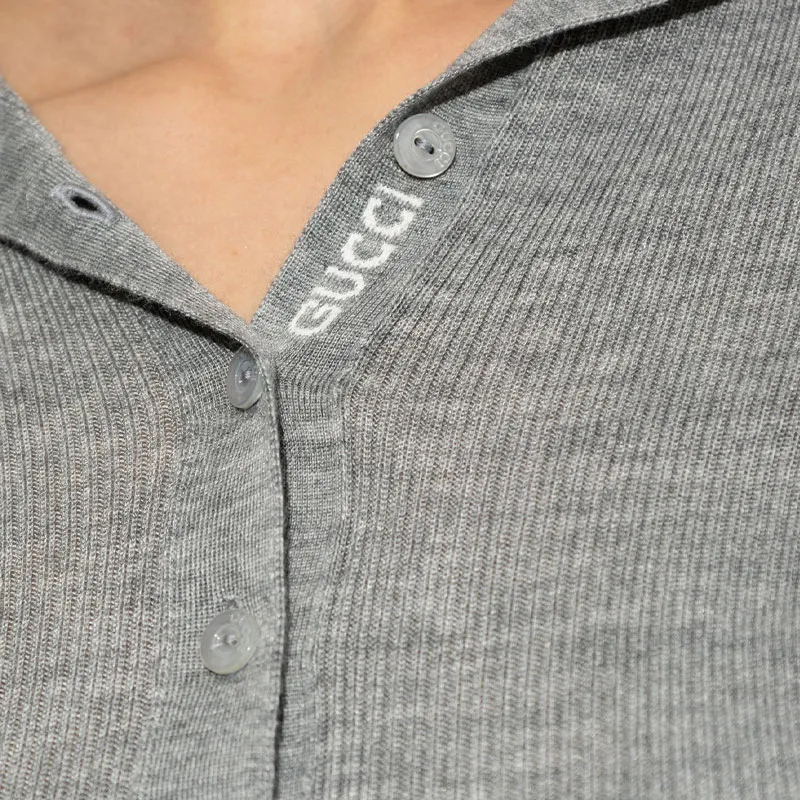 GUCCI Ribbed Knit Long Sleeve Polo Shirt-4