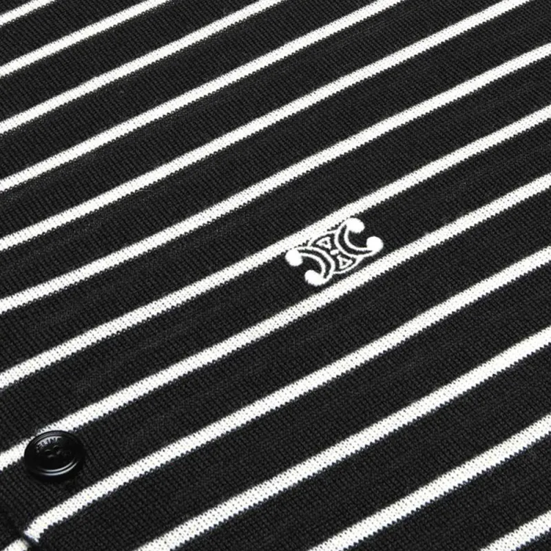 CELINE Striped Triomphe Polo In Fine Wool Polo Shirt Men's Black-5