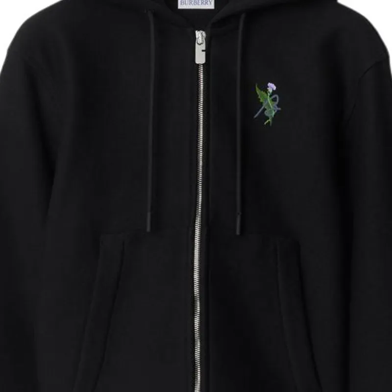 Burberry Logo Embroidered Zip Up Drawstring Hoodie-1
