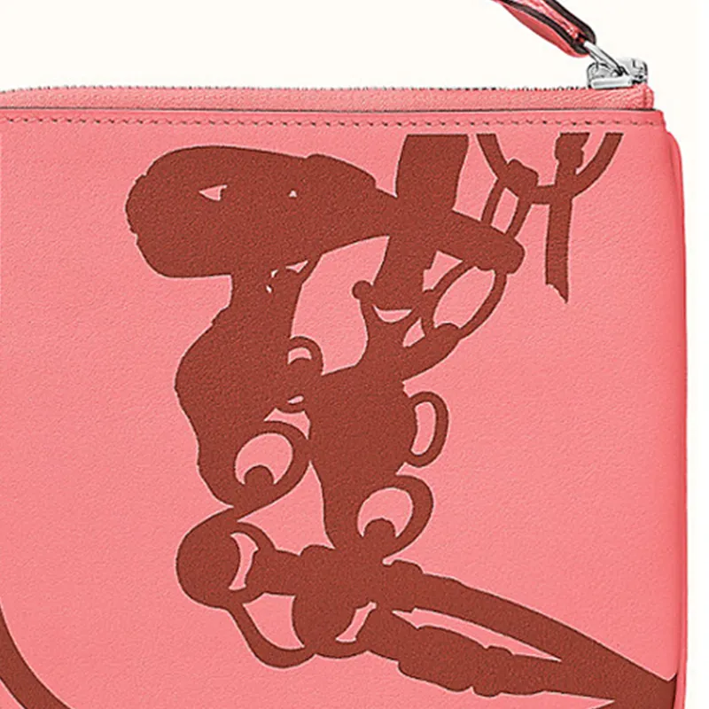 HERMES Carre Pocket Swift Leather Clutch Women's Summer Pink/Red Brown-4