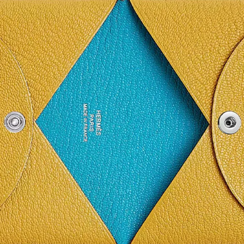 HERMES Calvi Mysore Goat Skin Wallet, Coin Purse, Card Holder Regular Women's Sunshine Gold & Frida Blue-3