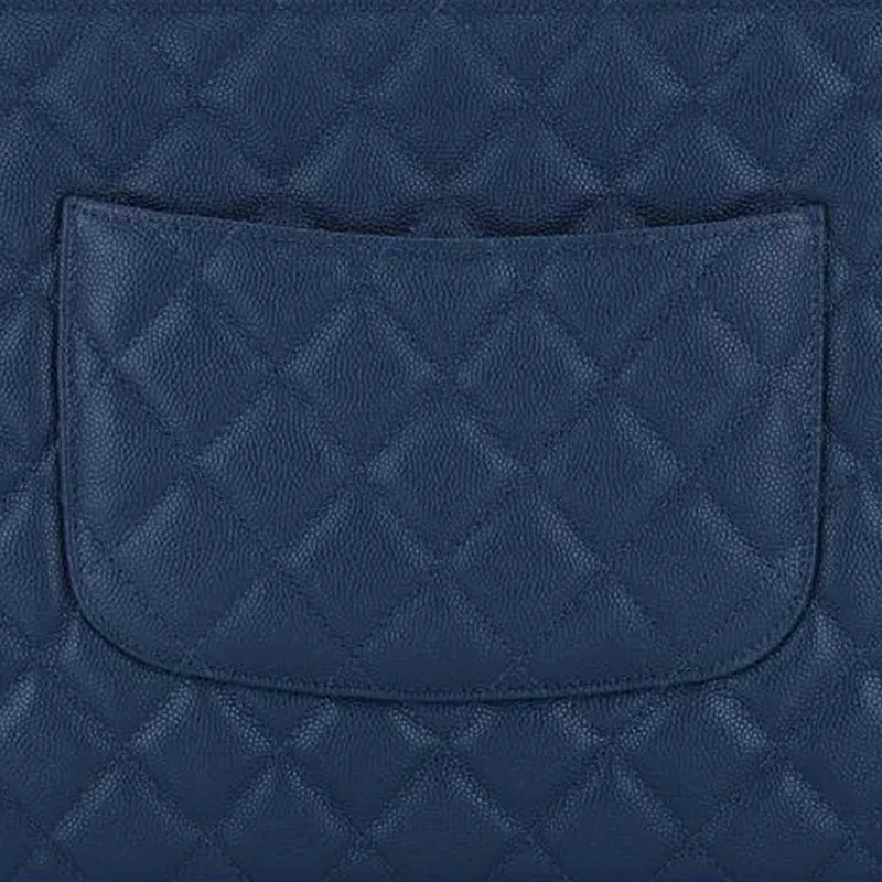 CHANEL Grain Litchi Grain Embossed Caviar Calfskin Clutch Medium Size Women's Dark Blue-3