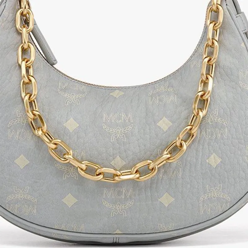MCM Aren Visetos Nappa Leather Trim Hobo Bag, Shoulder Bag, Handbag Small Size Women's Gray-5