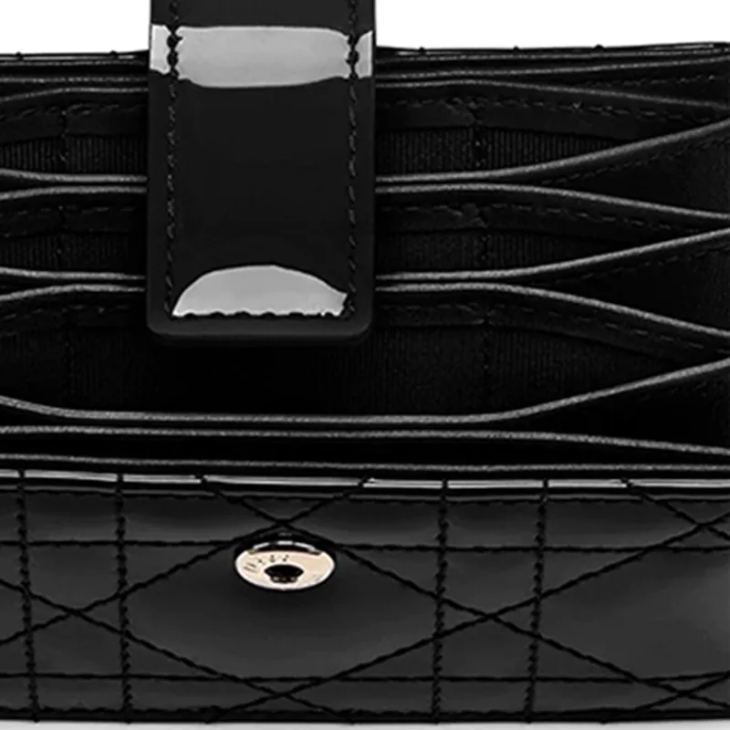 DIOR Patent Leather, Cow Leather Wicker Pattern 5 Compartment Card Holder Women's Black-4