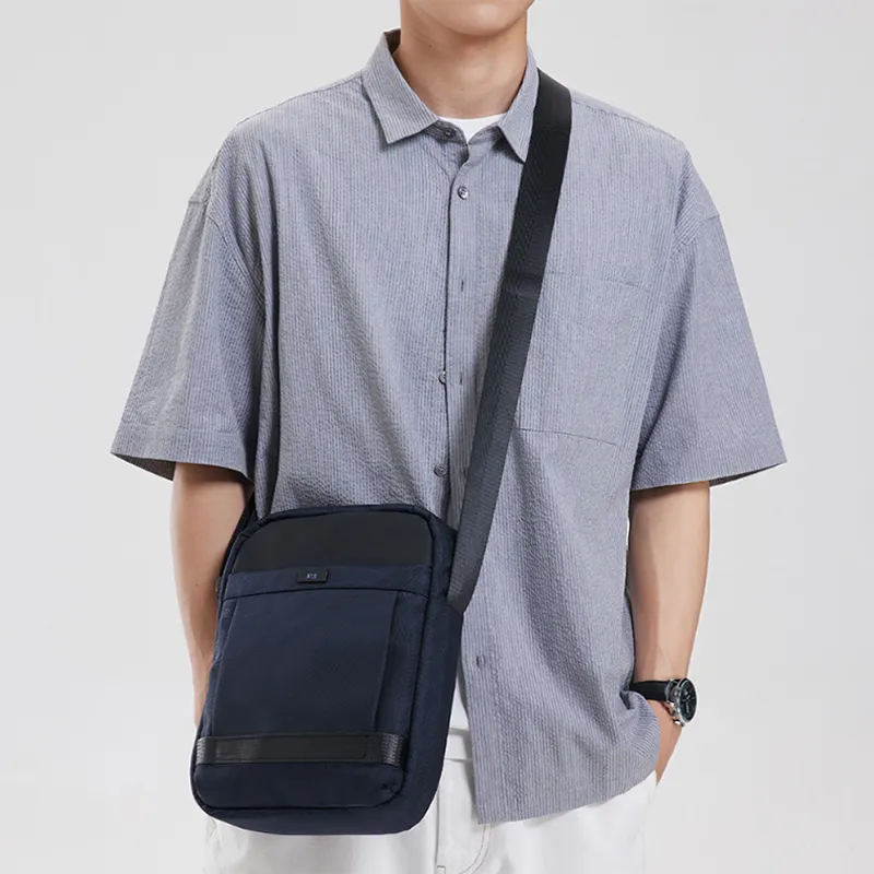 HLA Polyester Crossbody Bag, Shoulder Bag Medium Size Men's Navy Blue/Carbon Fiber Black-2