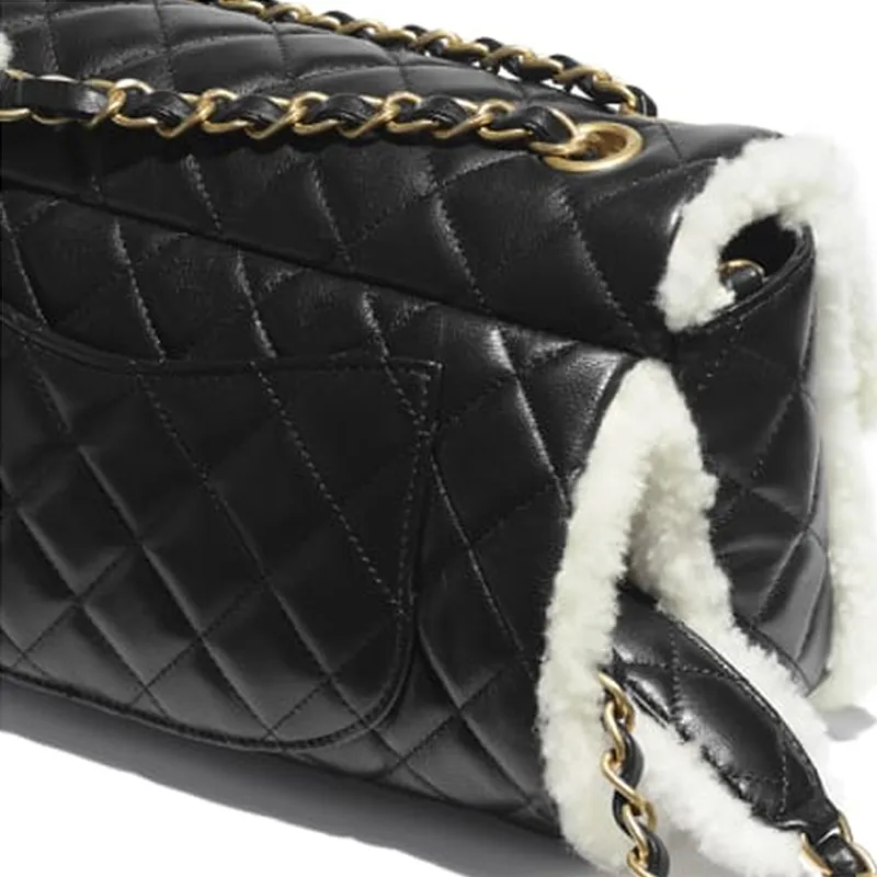 CHANEL Lambskin Chain Shoulder Bag, Crossbody Bag Women's Black/White-4