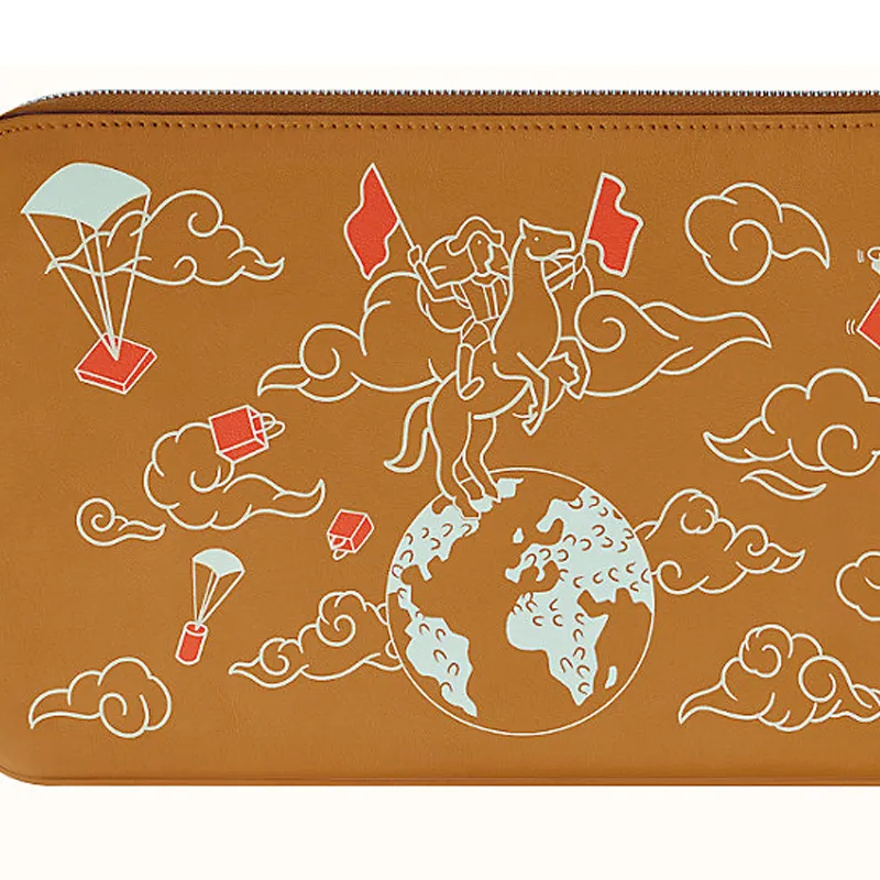 HERMES Carre Pocket Calfskin Clutch Women's Beige/White/Caramel-3