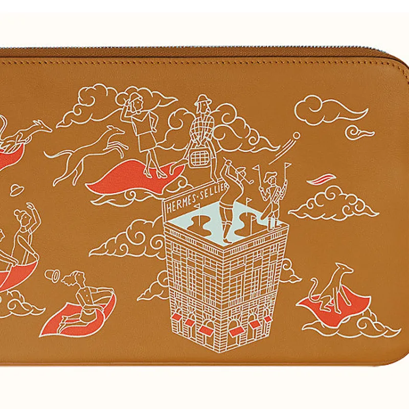HERMES Carre Pocket Calfskin Clutch Women's Beige/White/Caramel-4