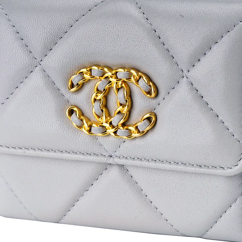 CHANEL 19Bag Sheepskin Flap Crossbody Portable Coin Purse Wallet Women's Gray-4