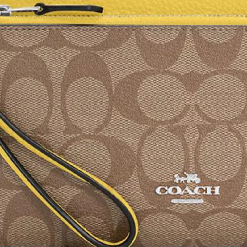 COACH Double Zip Wallet Eggstone Grain Leather Coin Purse Wrist Bag Wallet Women's Silver & Khaki & Vintage Yellow-2
