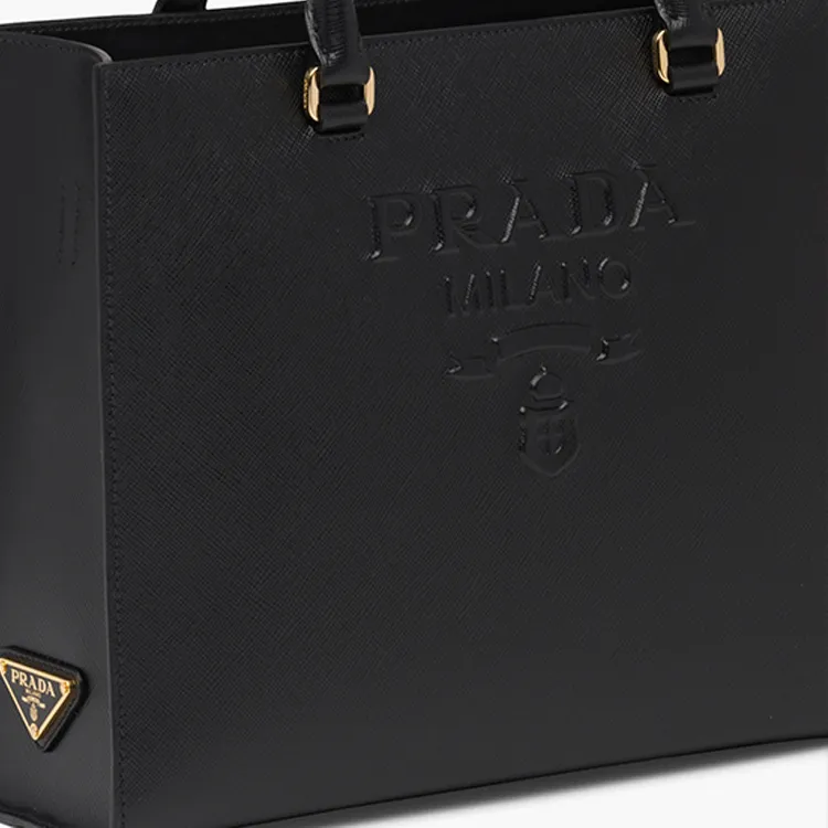 PRADA Cross-Stitch Leather Tote Bag Shopping Bag Handbag Medium Size Women's Black-4