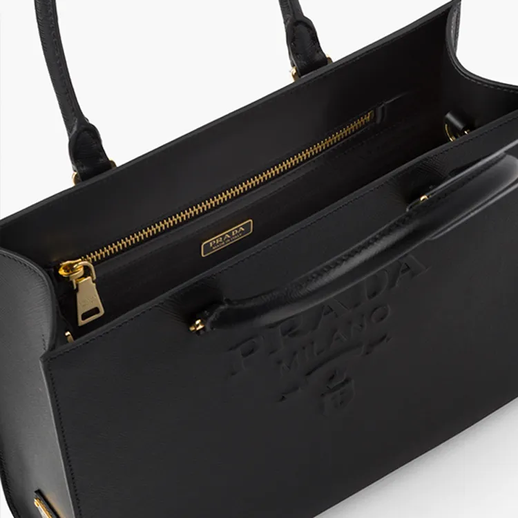 PRADA Cross-Stitch Leather Tote Bag Shopping Bag Handbag Medium Size Women's Black-3