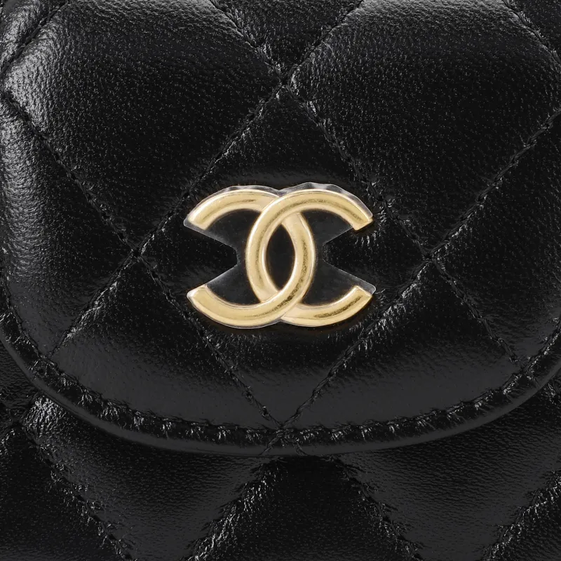 CHANEL Sheepskin And Gold Metal One Shoulder Crossbody Clutch Women's Black-4