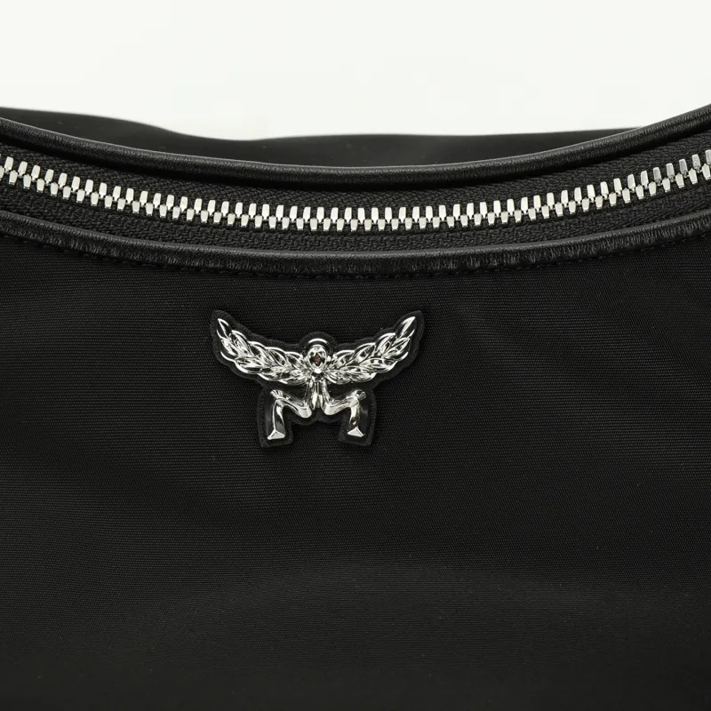 MCM Aren Recycled Nylon Crescent Bag Round Crown Shoulder Bag Small Size Women's Black-4