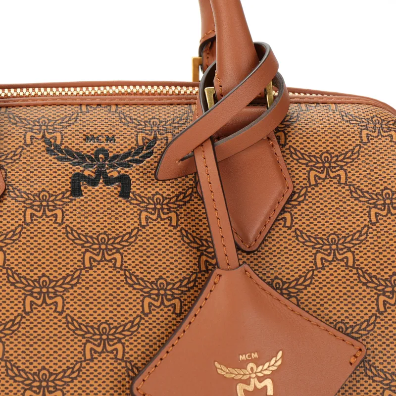 MCM Canvas Boston Bag Crossbody Bag Shoulder Bag Handbag Small Size Women's Cognac-4