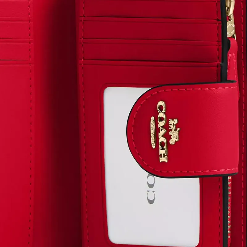 COACH SignatureCanvas High Quality Leather Wallet Medium Size Women's Walnut Wood & Red-4