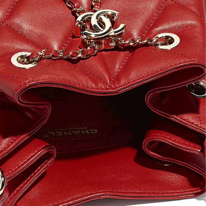 CHANEL Drawstring Lambskin And Gold Metal Shoulder Bag Women's Red-4