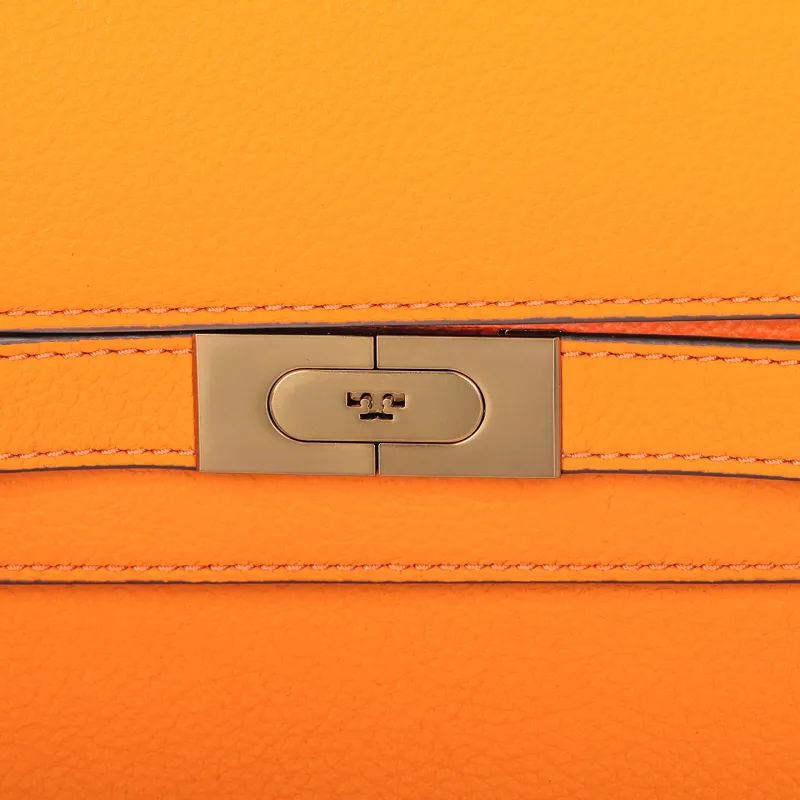 TORY BURCH Lee Radziwill Litchi Grain Leather One Shoulder Handbag Women's Orange Yellow Crystal-4