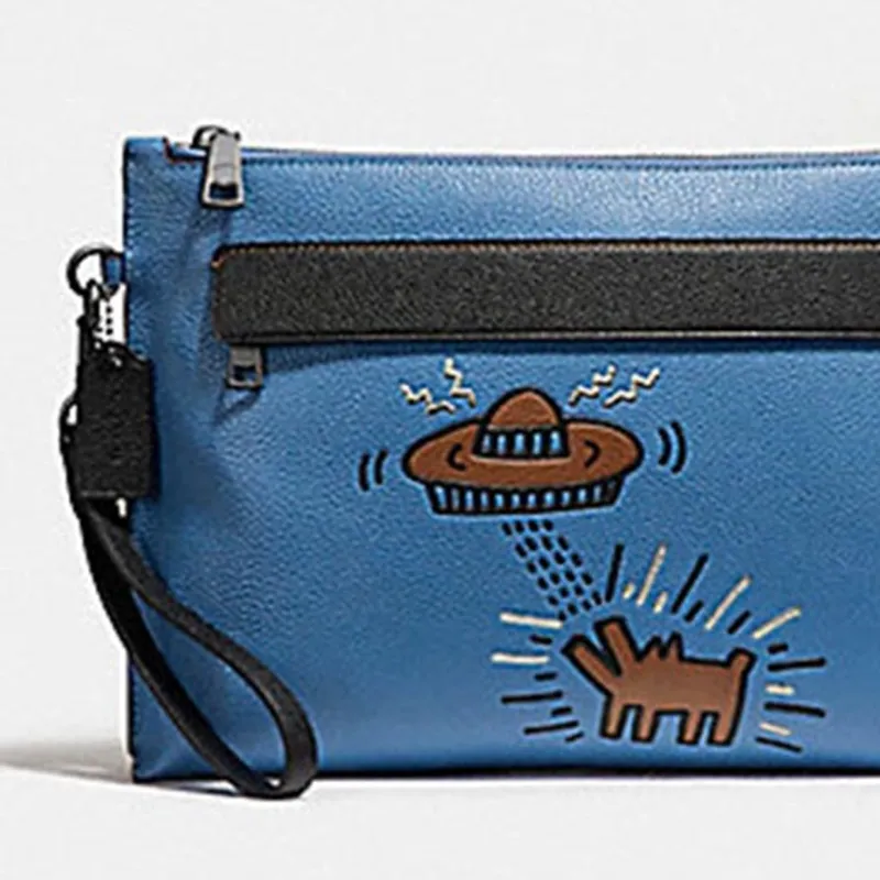 COACH Keith Haring Graffiti Collaboration Pouch Pebbled Leather Wallets Clutches Large Size Men's Lapis Lazuli Blue-3